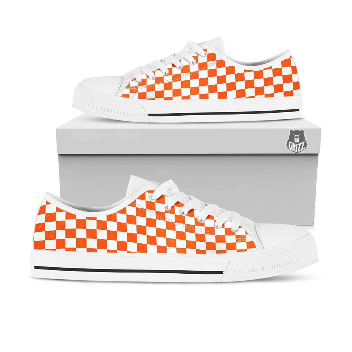 Orange And White Checkered Print Pattern White Low Top Shoes-grizzshop