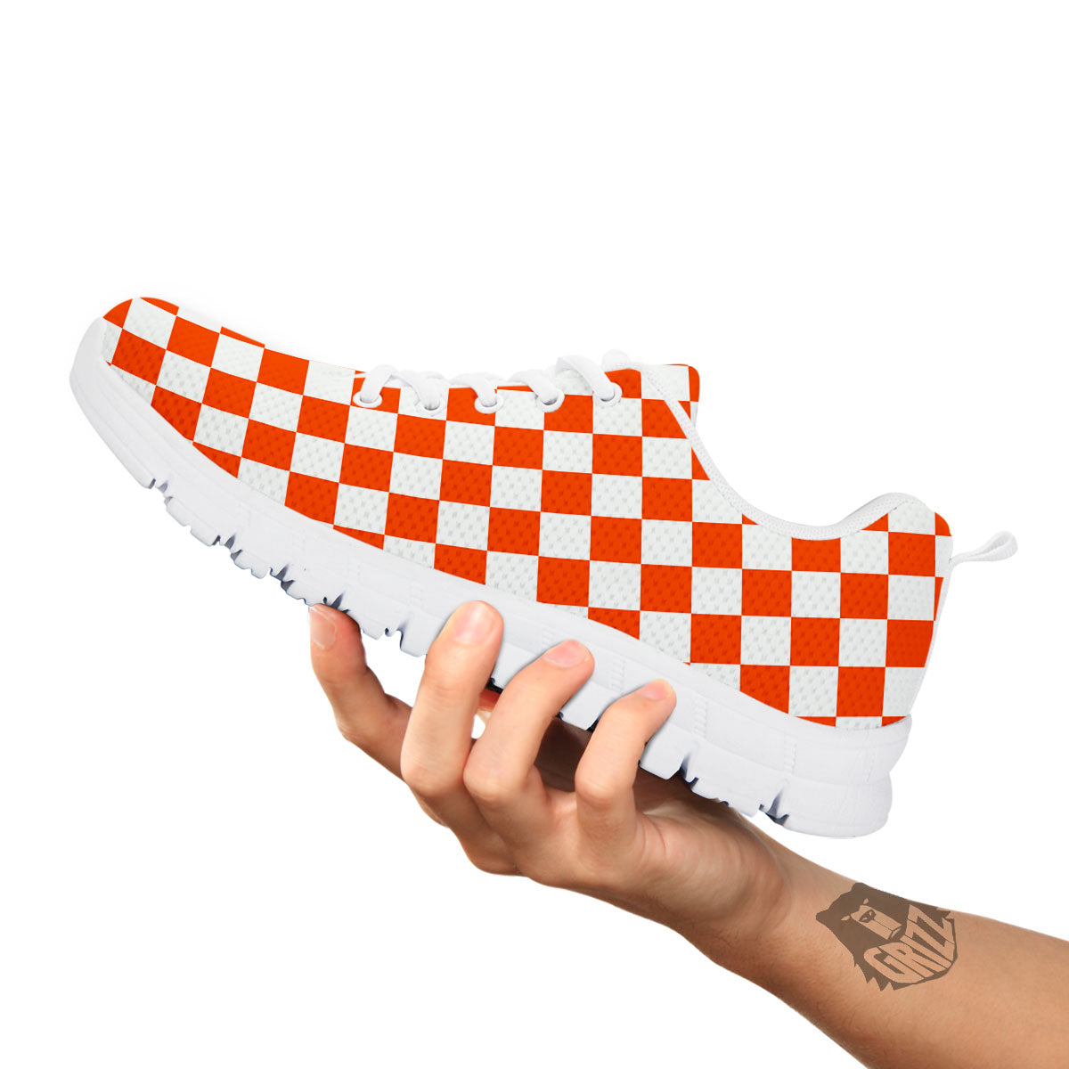 Orange And White Checkered Print Pattern White Sneaker-grizzshop