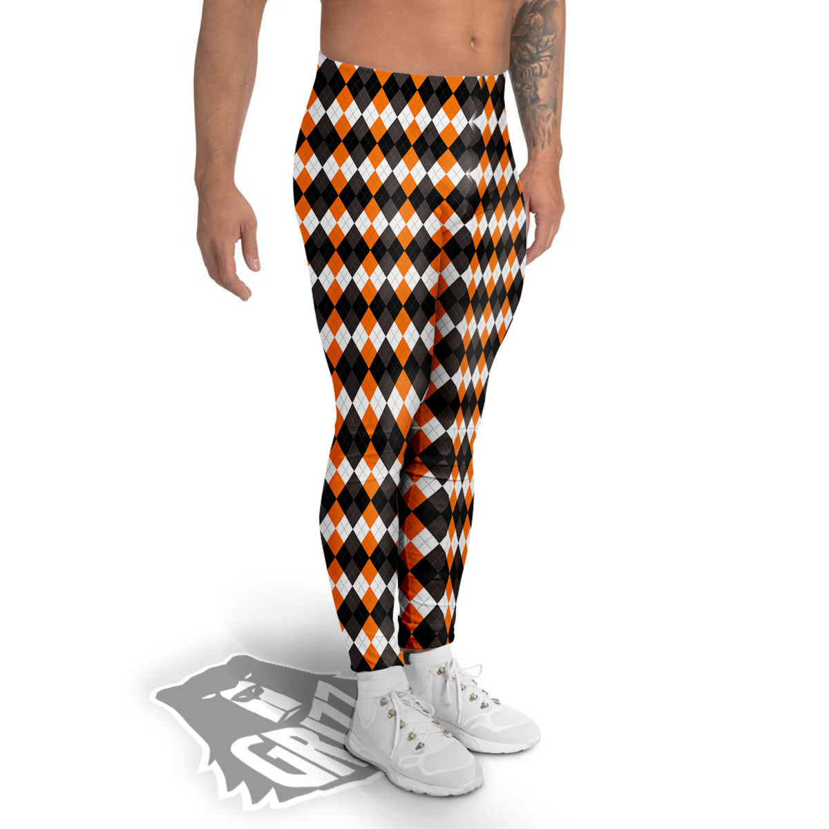 Orange And White Grey Black Argyle Print Men's Leggings-grizzshop