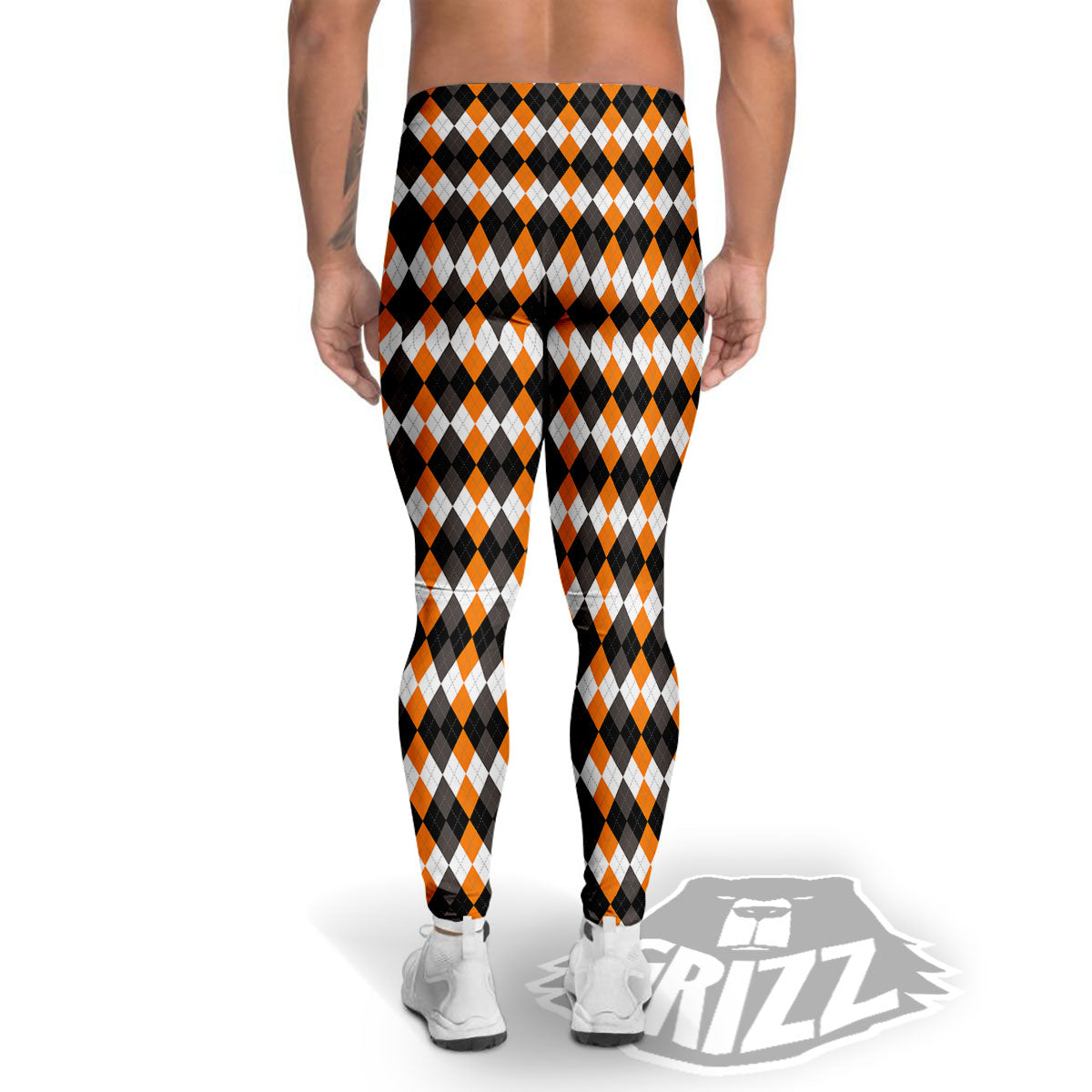 Orange And White Grey Black Argyle Print Men's Leggings-grizzshop
