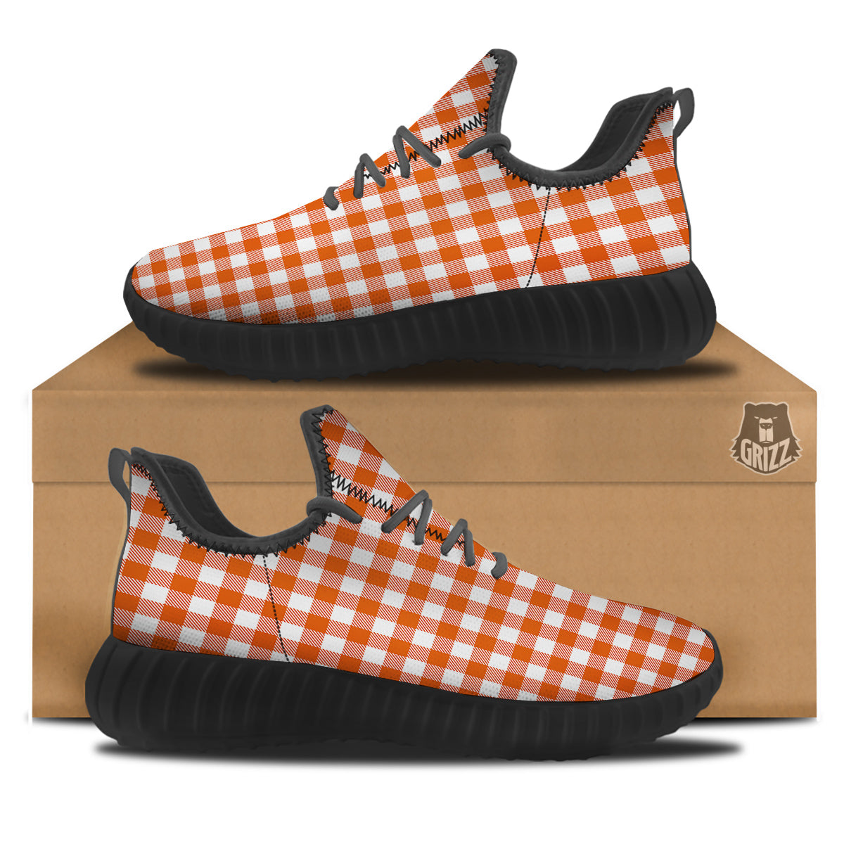 Orange Burnt And White Check Print Black Walking Shoes-grizzshop