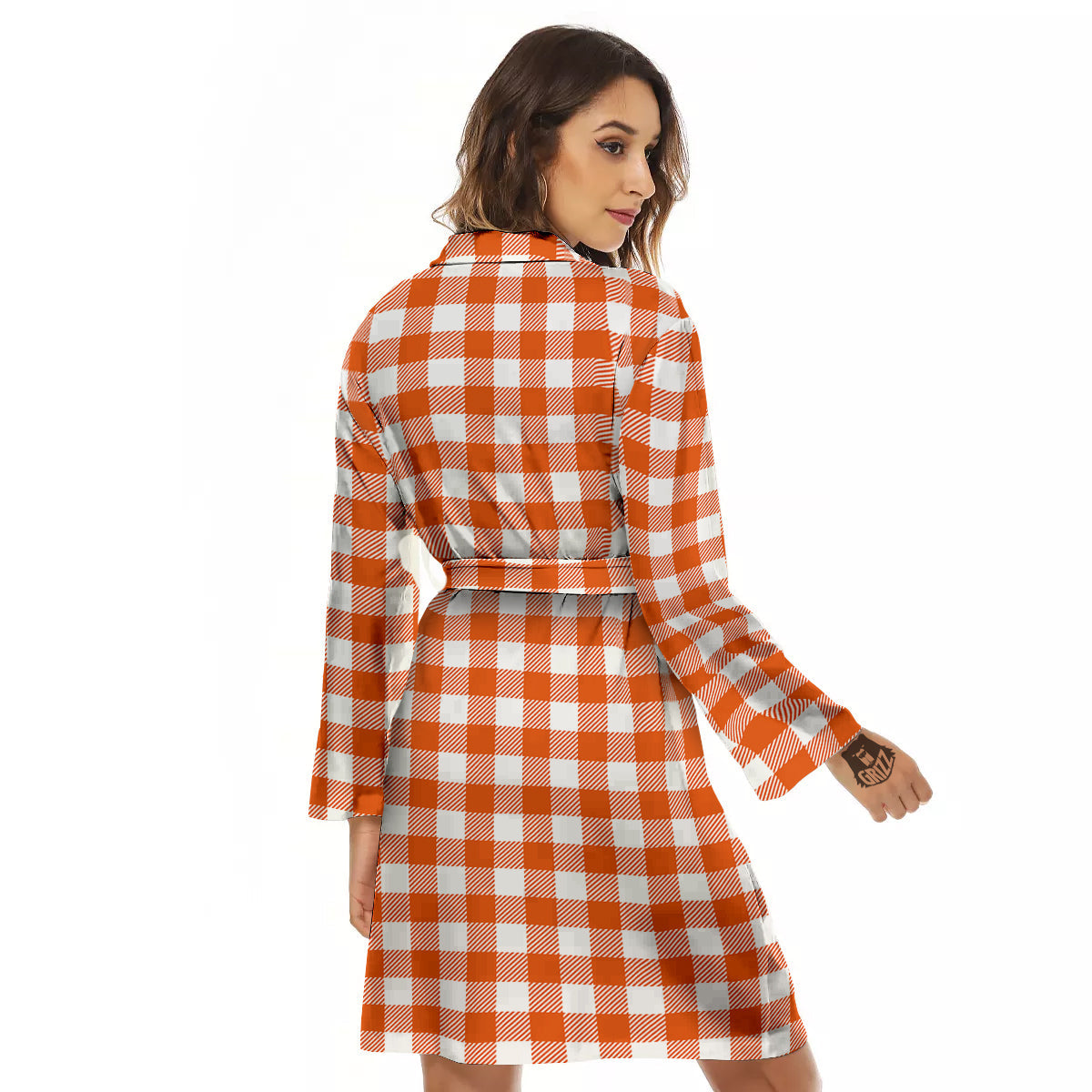 Orange Burnt And White Check Print Women's Robe-grizzshop