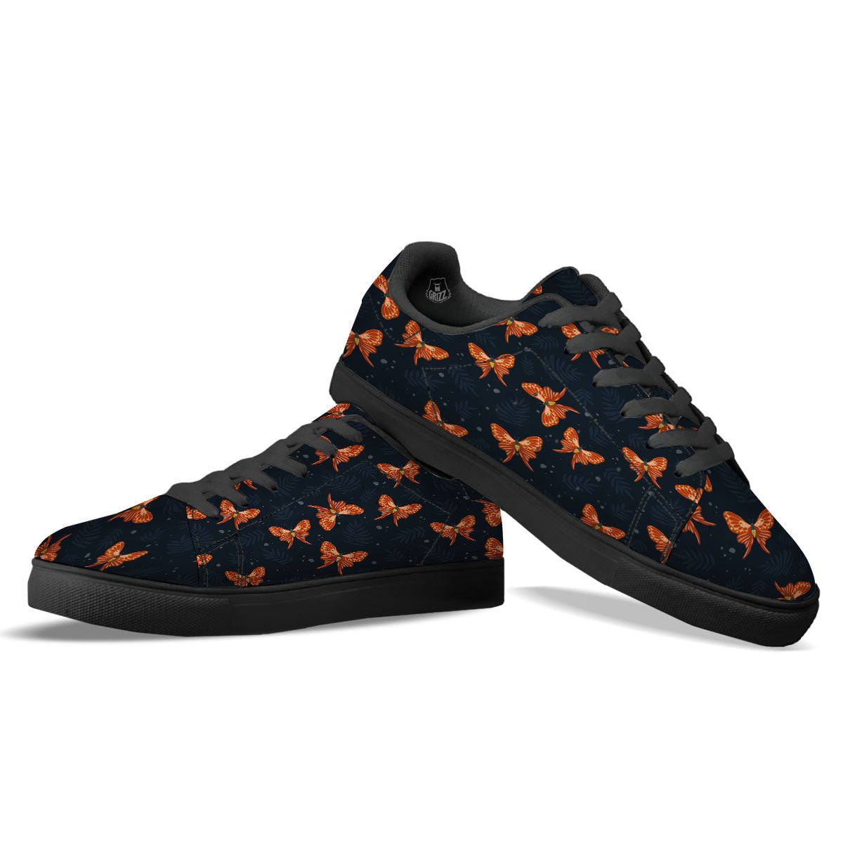 Orange Butterfly Monarch Print Pattern Black Low Top Sneakers-grizzshop