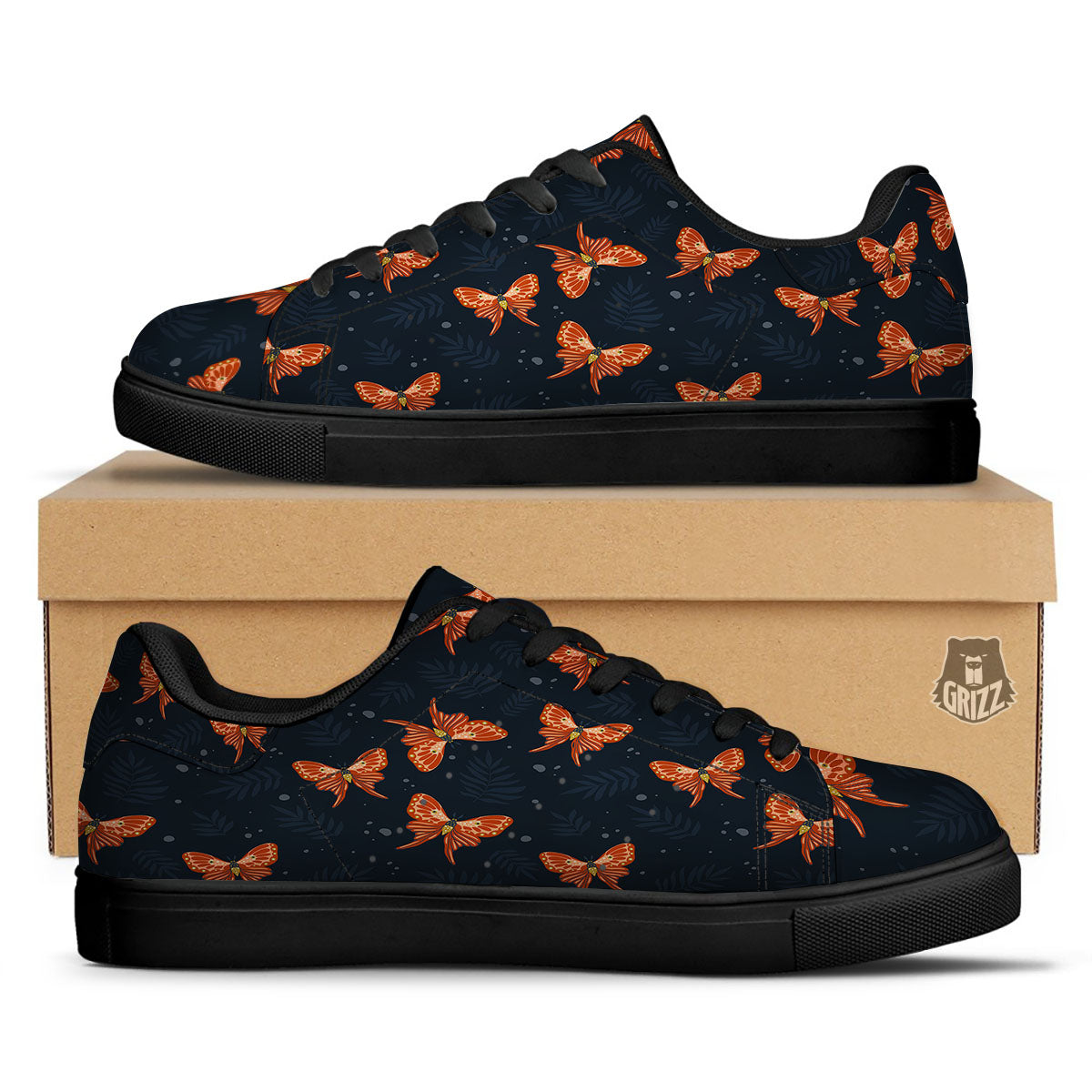 Orange Butterfly Monarch Print Pattern Black Low Top Sneakers-grizzshop