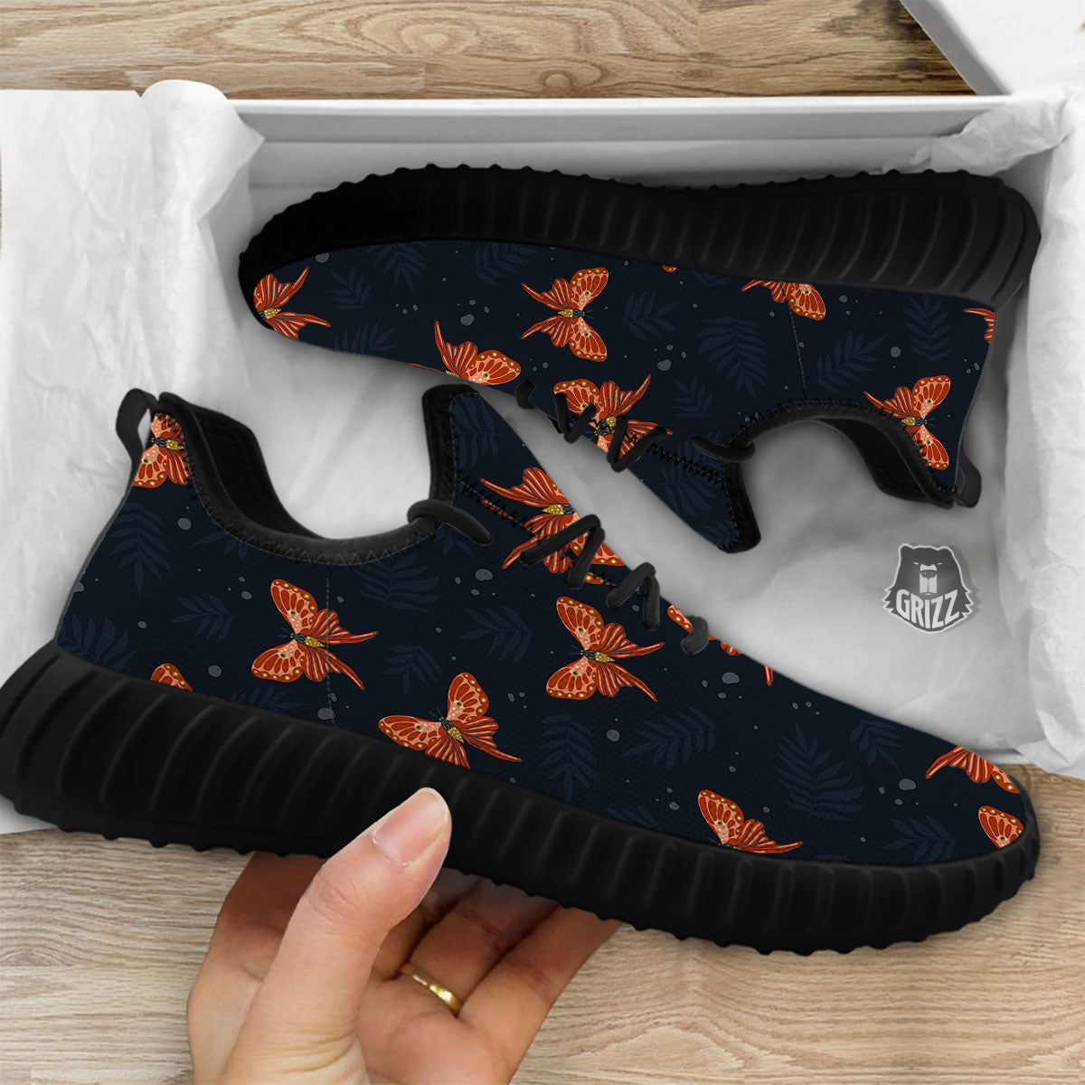 Orange Butterfly Monarch Print Pattern Black Walking Shoes-grizzshop