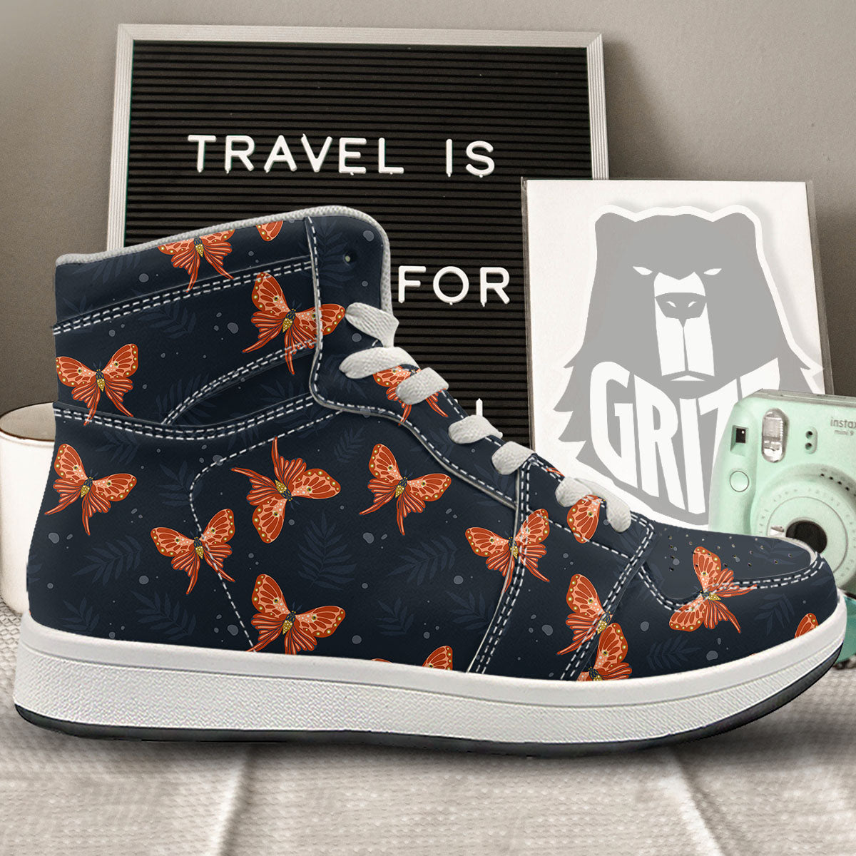 Orange Butterfly Monarch Print Pattern High Top Sneakers-grizzshop
