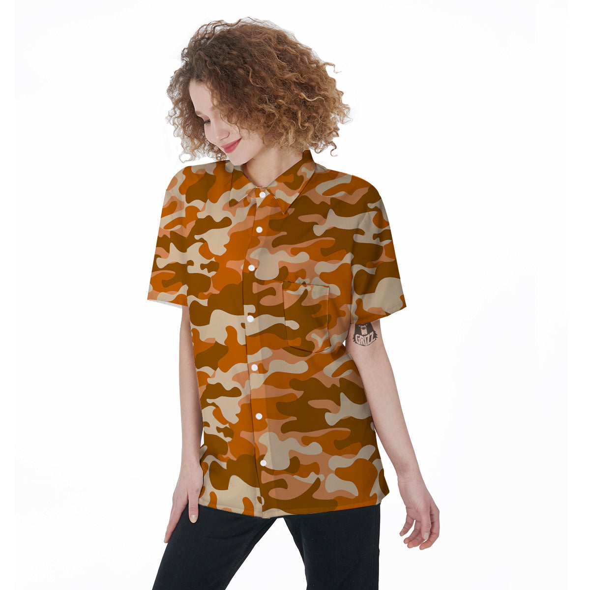 Orange Camo And Camouflage Print Women's Short Sleeve Shirts-grizzshop