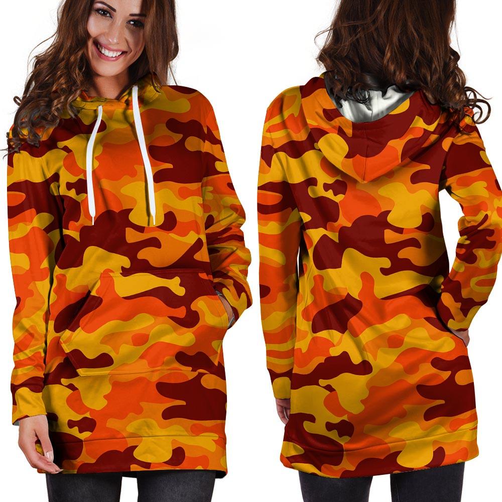 Orange Camo Print Hoodie Dress-grizzshop