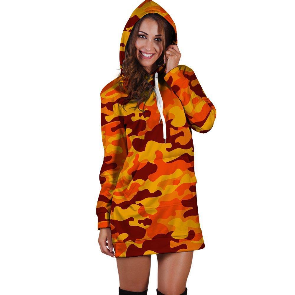 Orange Camo Print Hoodie Dress-grizzshop