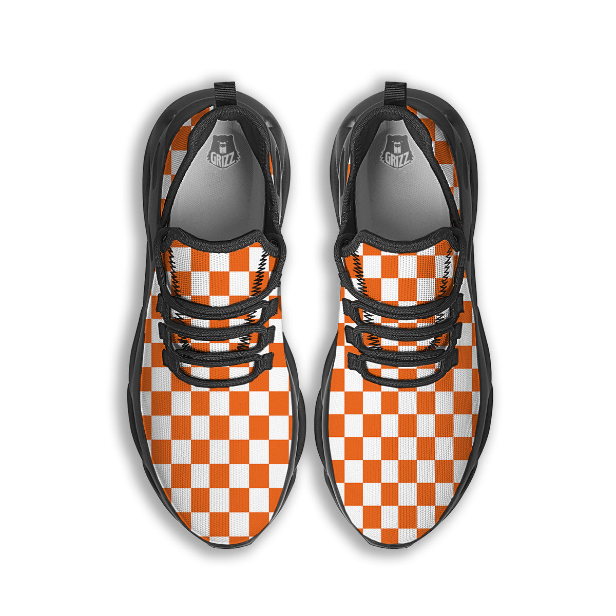 Orange Checkered Flag Print Black Running Shoes-grizzshop
