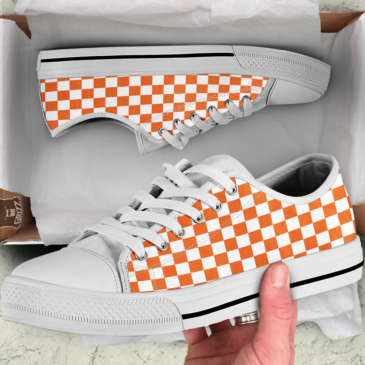 Orange Checkered Flag Print White Low Top Shoes-grizzshop