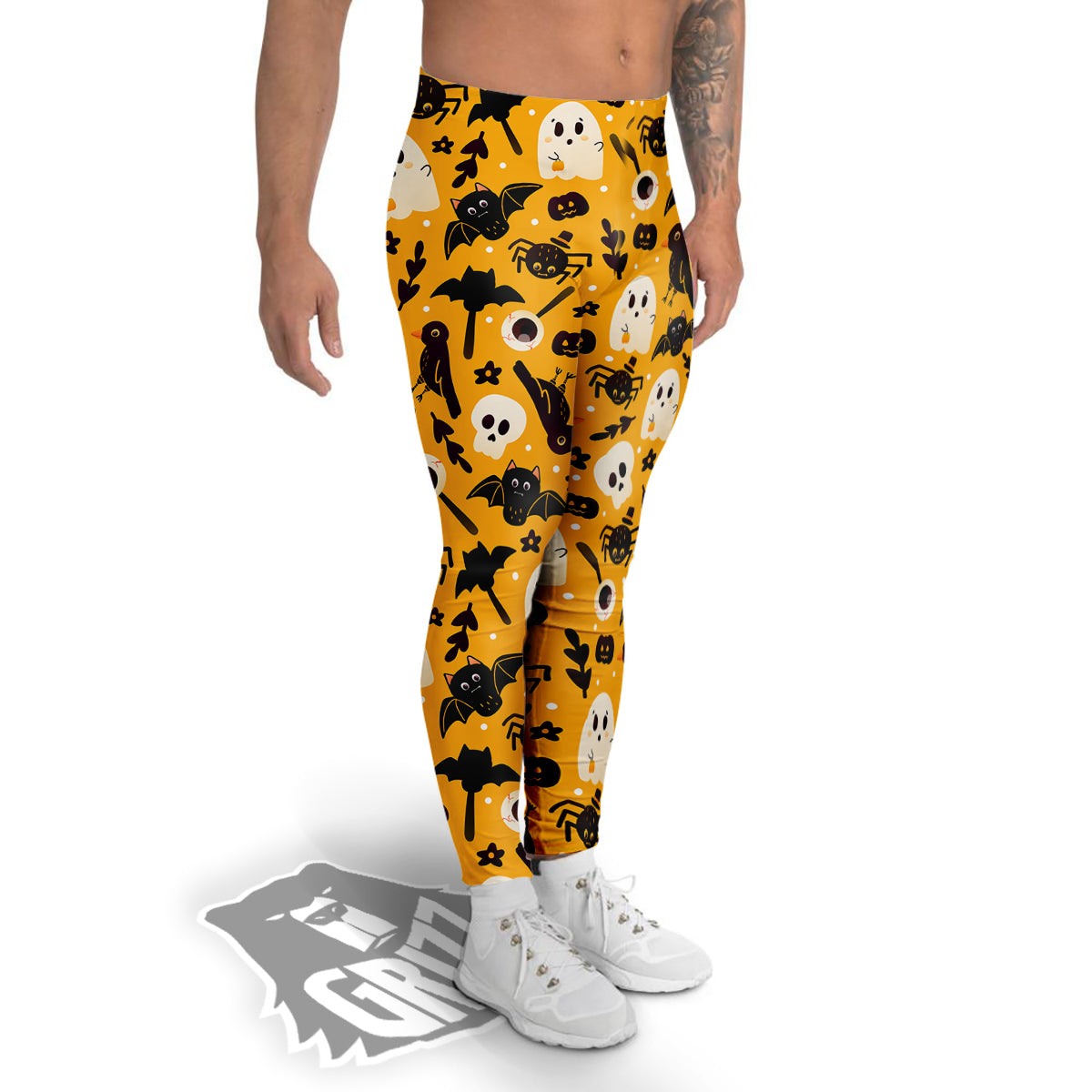 Orange Color Halloween Cute Print Pattern Men's Leggings-grizzshop