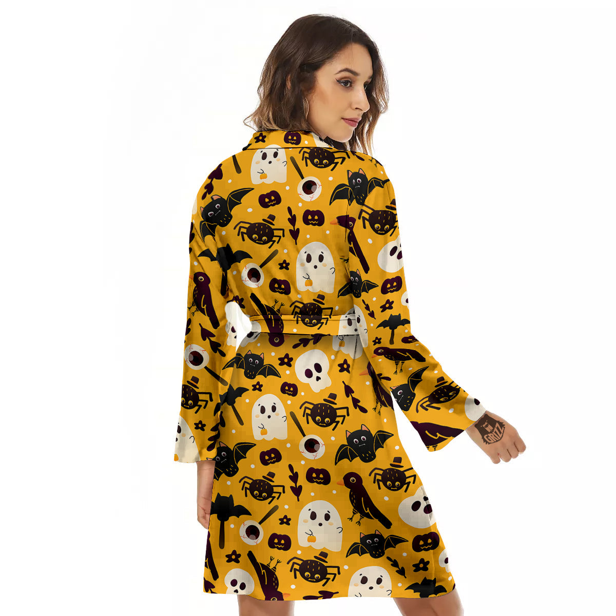 Orange Color Halloween Cute Print Pattern Women's Robe-grizzshop