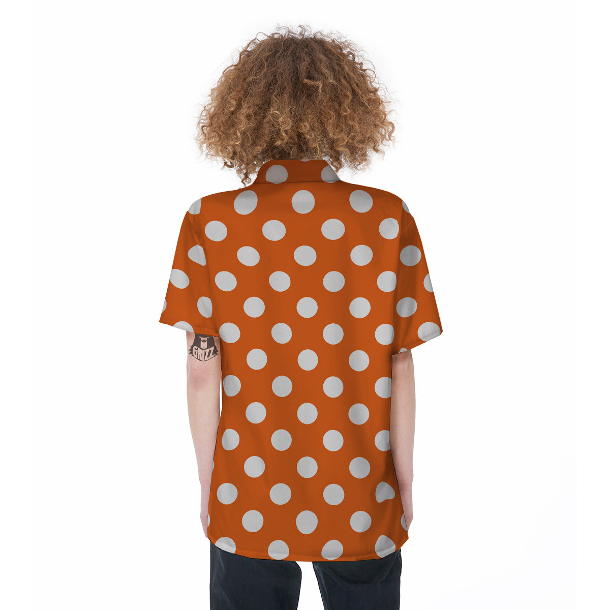 Orange Color Polka Dot Print Pattern Women's Short Sleeve Shirts-grizzshop