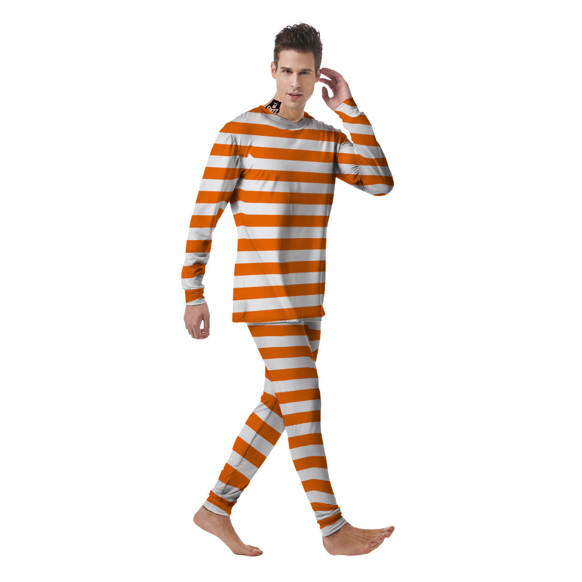 Orange Color Striped Print Men's Pajamas-grizzshop
