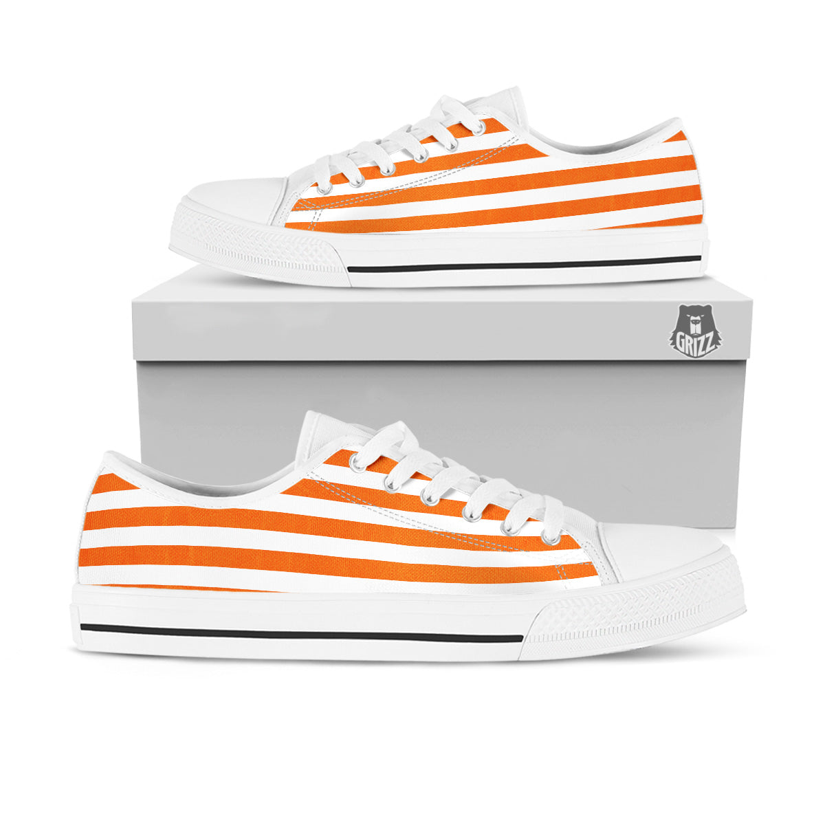 Orange Color Striped Print White Low Top Shoes-grizzshop