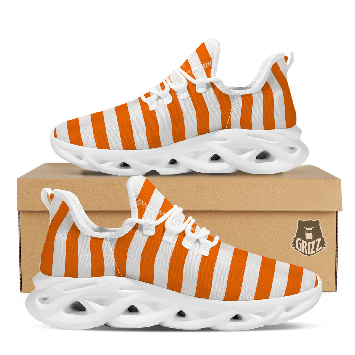 Orange Color Striped Print White Running Shoes-grizzshop