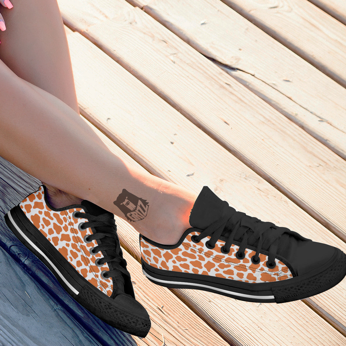 Orange Cow Print Pattern Black Low Top Shoes-grizzshop