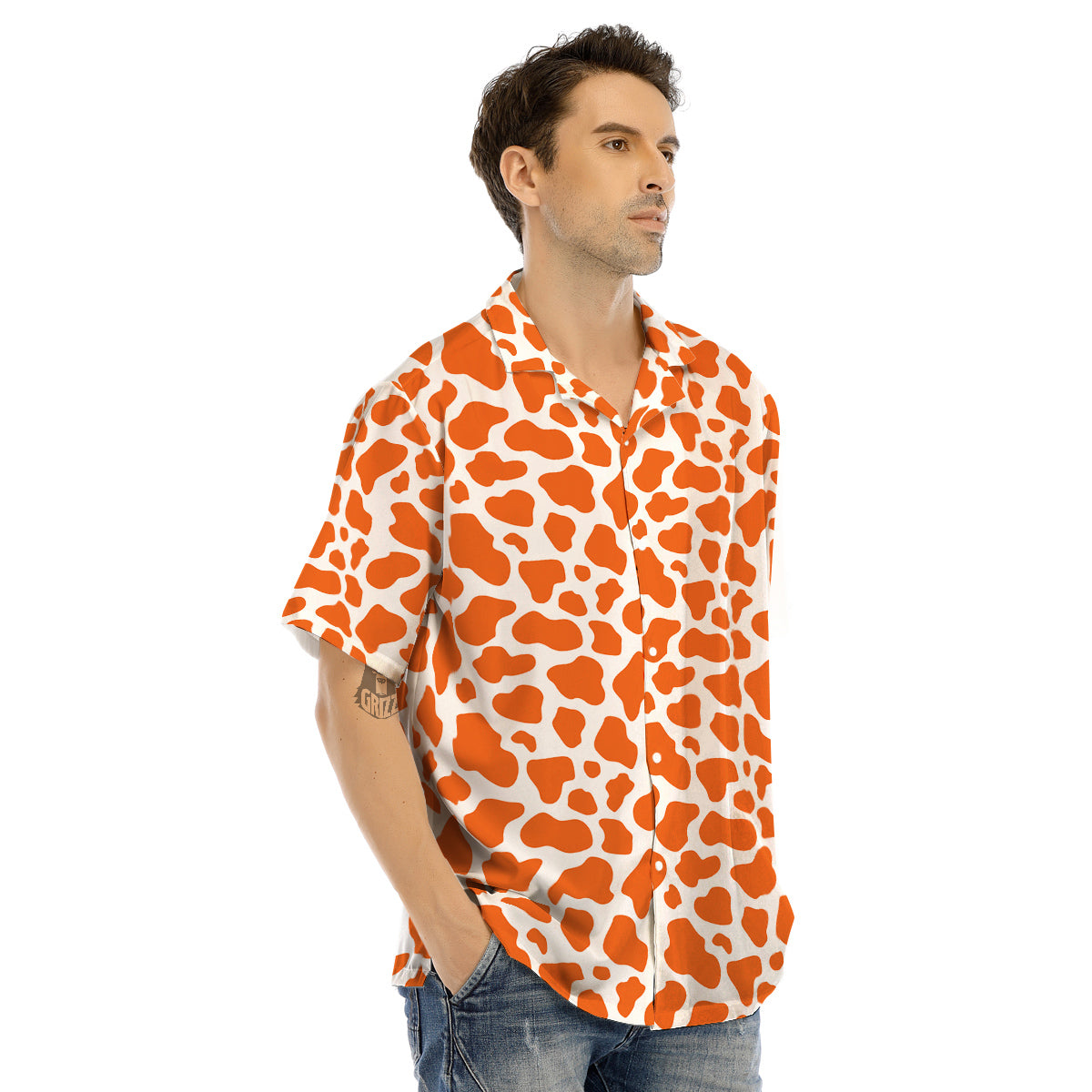 Orange Cow Print Pattern Men’s Hawaiian Shirt-grizzshop