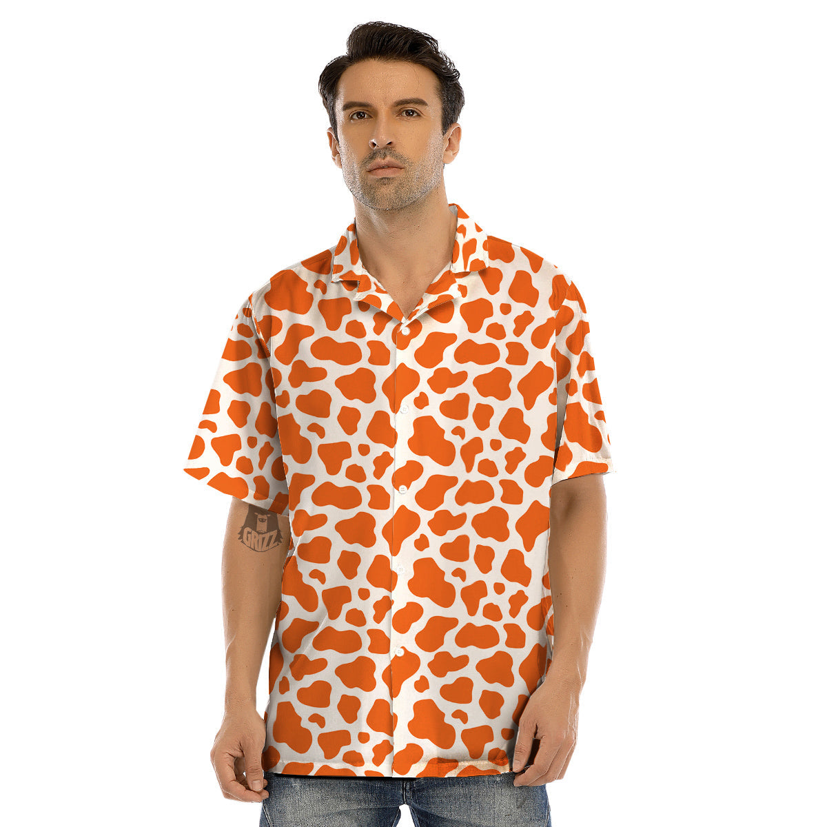 Orange Cow Print Pattern Men’s Hawaiian Shirt-grizzshop
