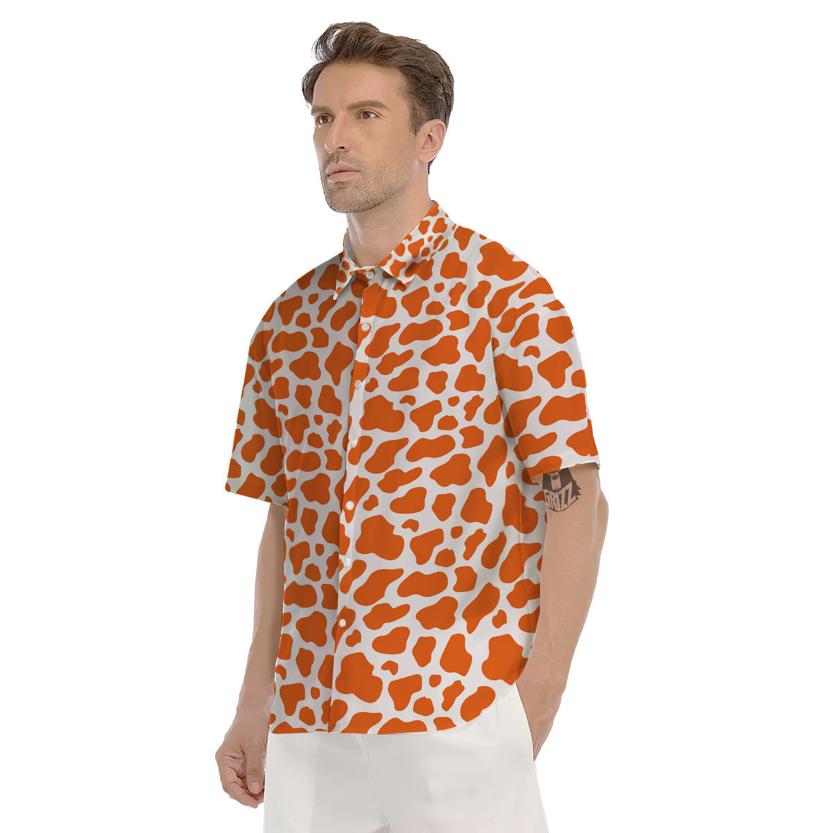 Orange Cow Print Pattern Men's Short Sleeve Shirts-grizzshop