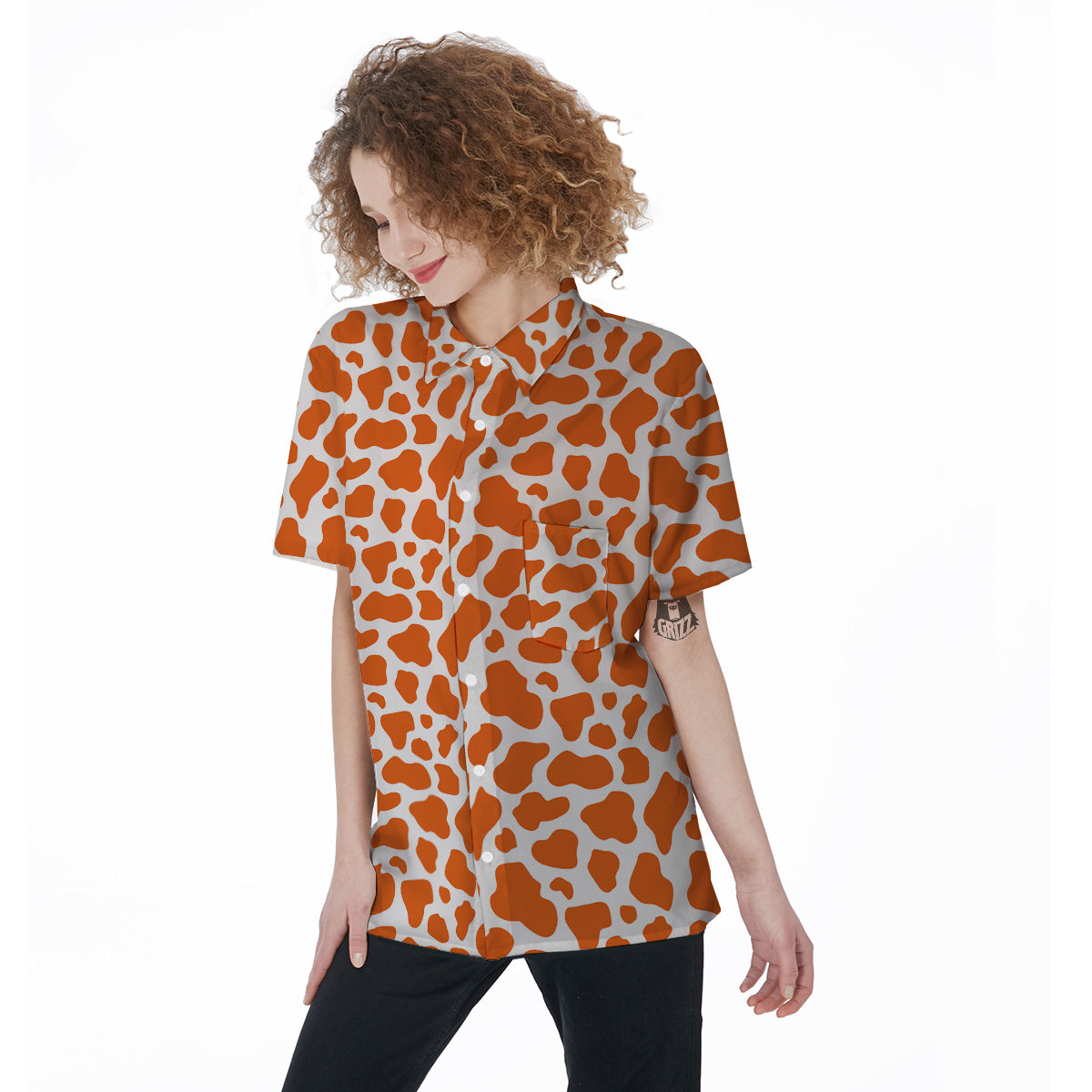 Orange Cow Print Pattern Women's Short Sleeve Shirts-grizzshop