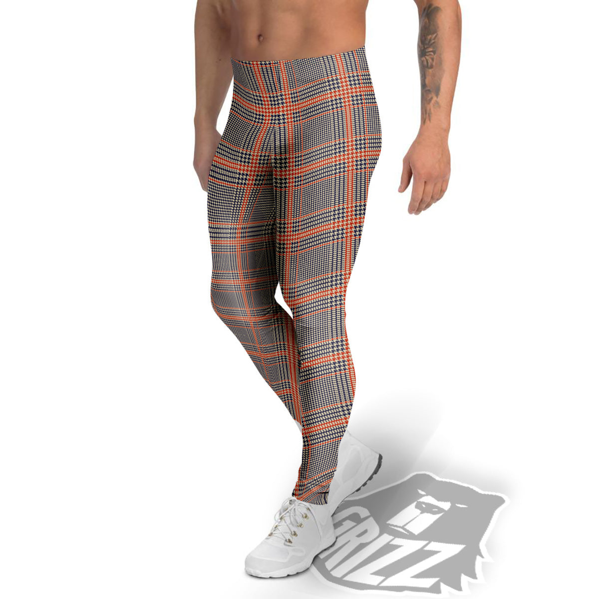 Orange Glen And Blue Beige Plaid Print Men's Leggings-grizzshop