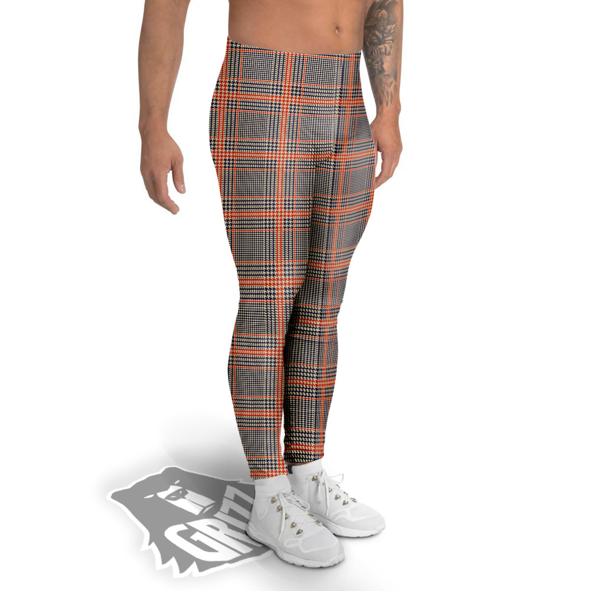 Orange Glen And Blue Beige Plaid Print Men's Leggings-grizzshop