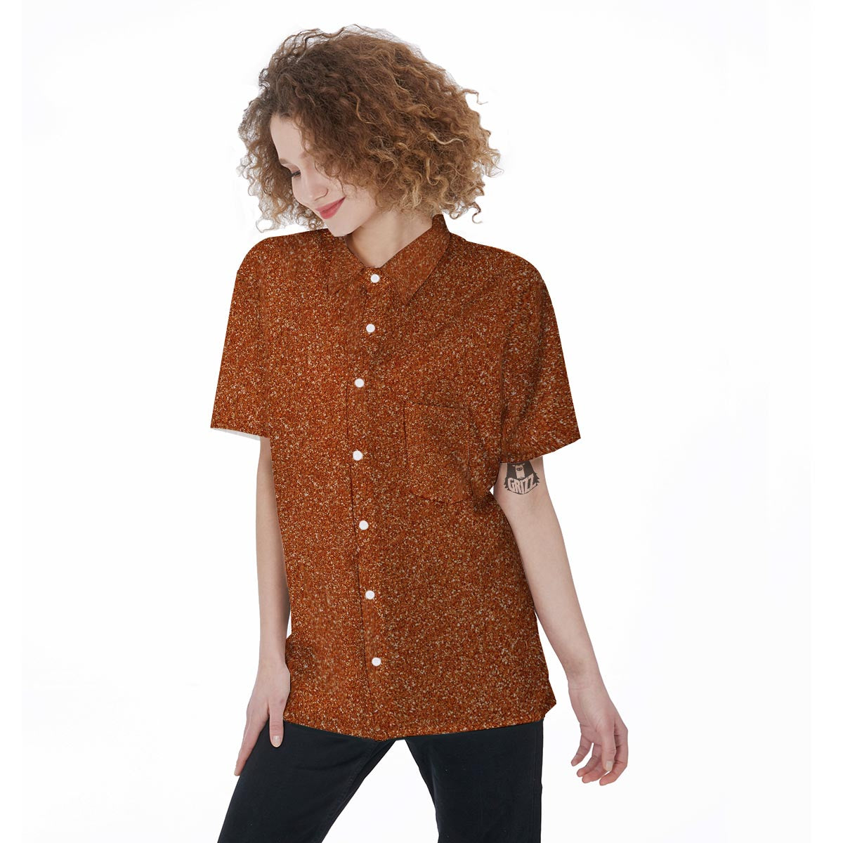 Orange Glitter Texture Print Women's Short Sleeve Shirts-grizzshop