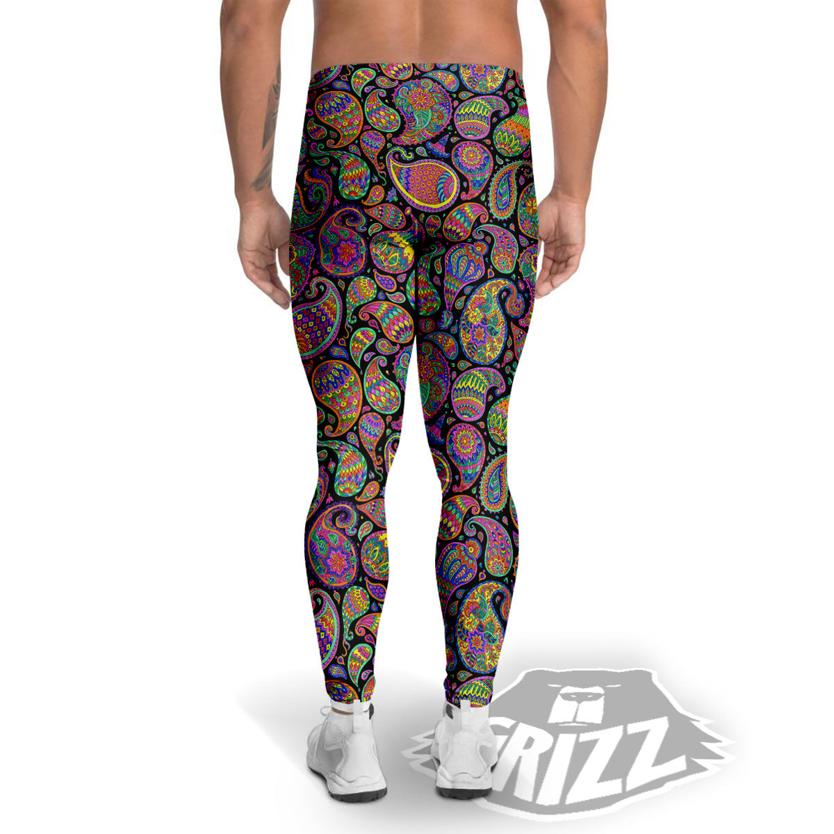 Orange Green And Pink Paisley Print Men's Leggings-grizzshop