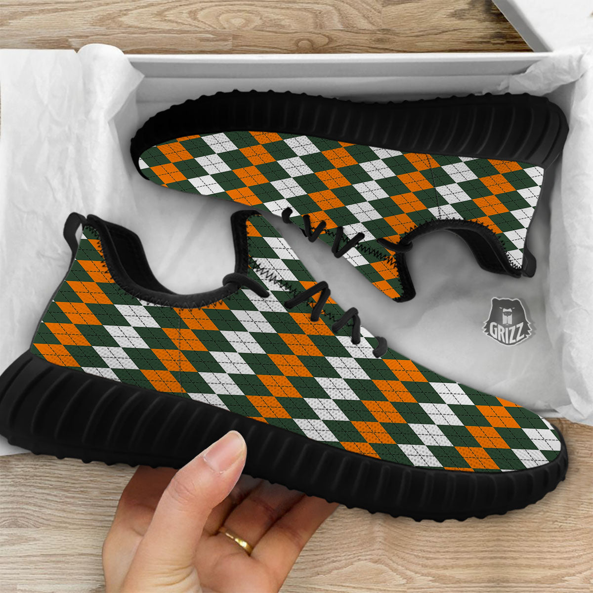 Orange Green And White Argyle Print Black Walking Shoes-grizzshop