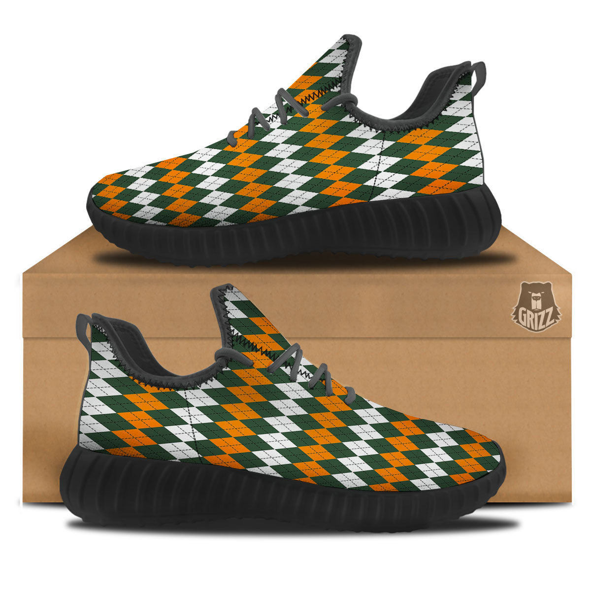 Orange Green And White Argyle Print Black Walking Shoes-grizzshop