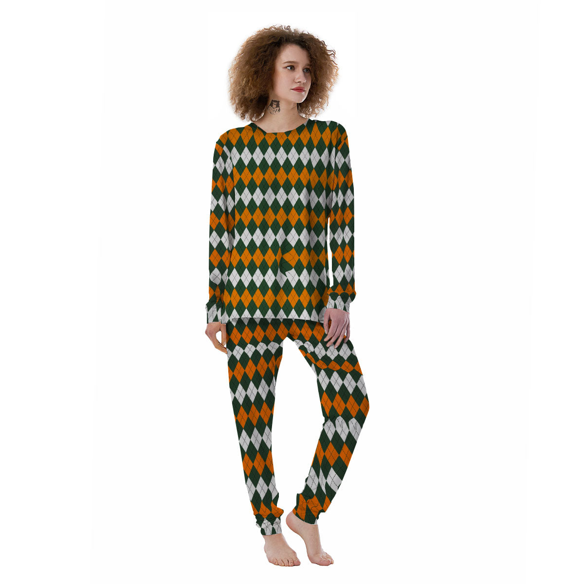 Orange Green And White Argyle Print Women's Pajamas-grizzshop