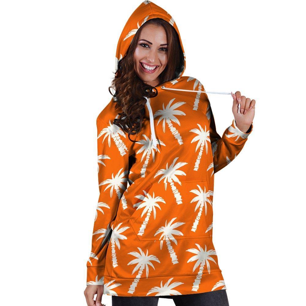 Orange Hawaiian Palm Tree Print Hoodie Dress-grizzshop