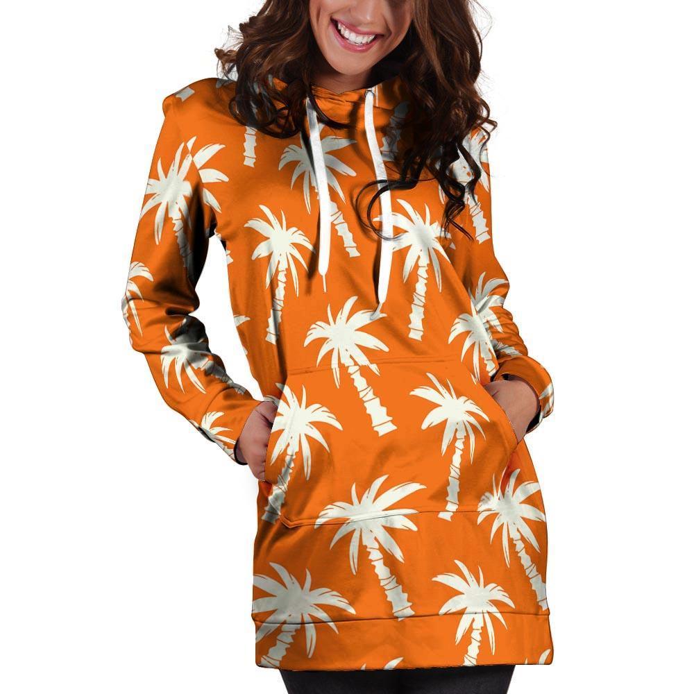 Orange Hawaiian Palm Tree Print Hoodie Dress-grizzshop
