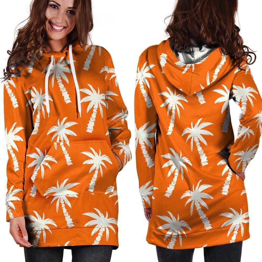 Orange Hawaiian Palm Tree Print Hoodie Dress-grizzshop