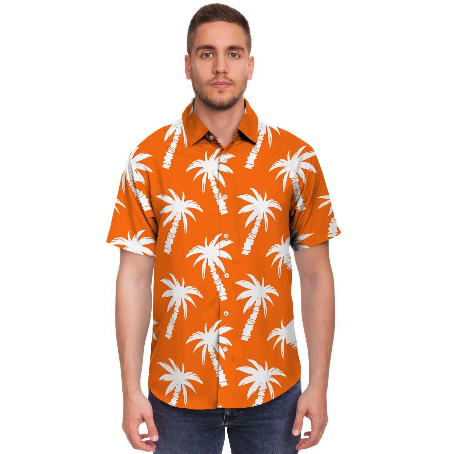 Orange Hawaiian Palm Tree Print Men's Short Sleeve Shirt-grizzshop