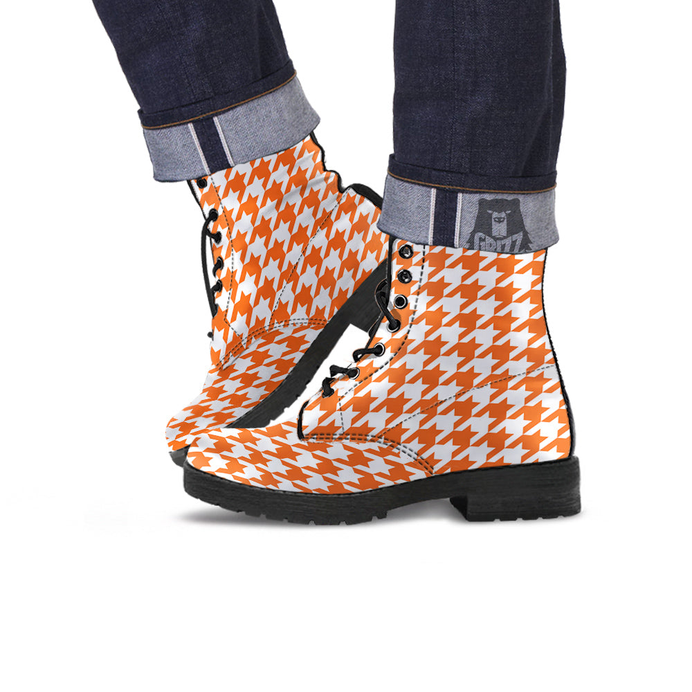Orange Houndstooth Print Leather Boots-grizzshop