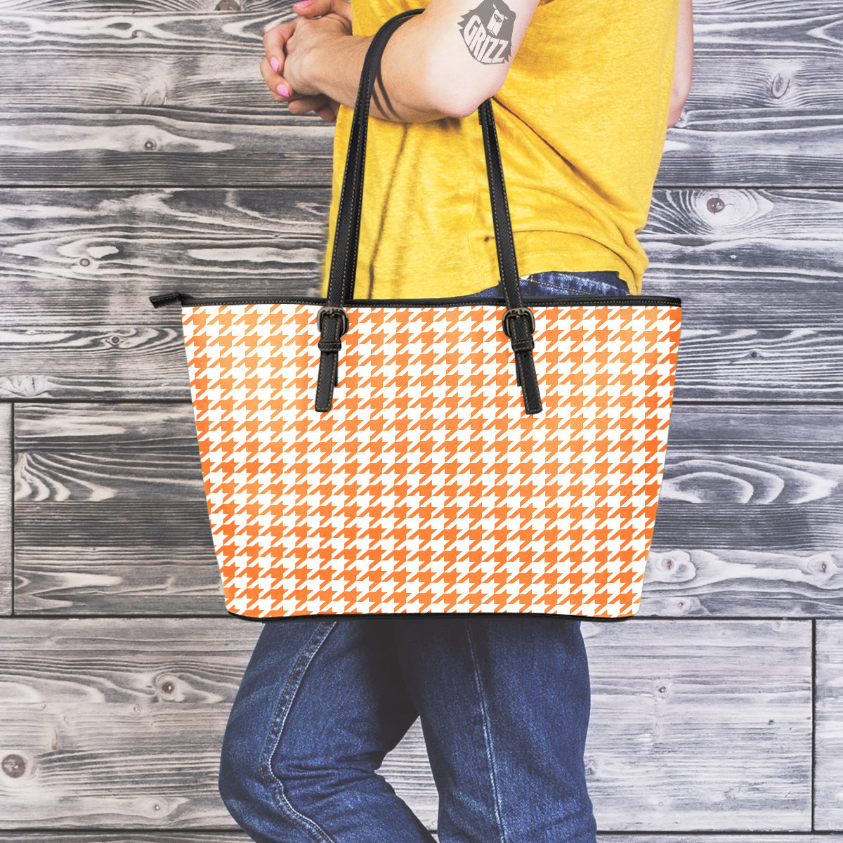 Orange Houndstooth Print Leather Tote Bag-grizzshop