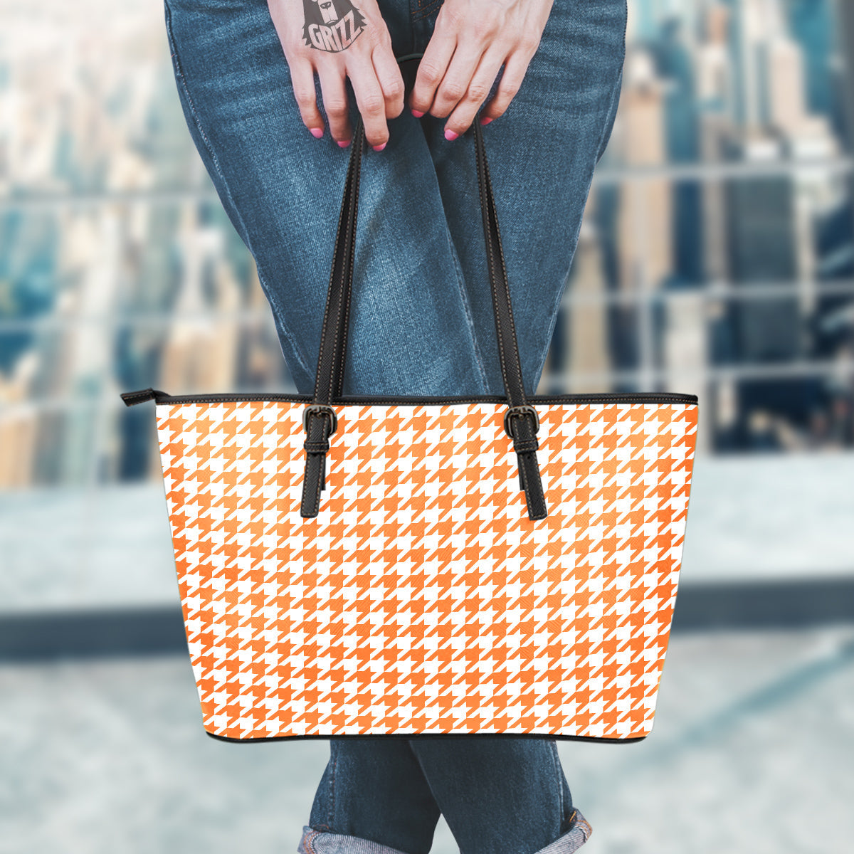 Orange Houndstooth Print Leather Tote Bag-grizzshop