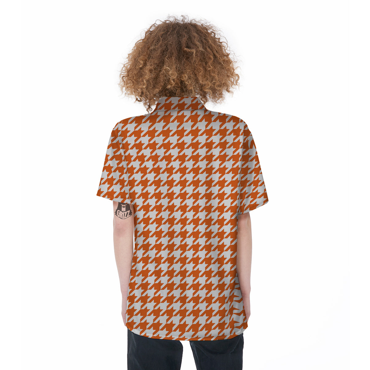 Orange Houndstooth Print Women's Short Sleeve Shirts-grizzshop