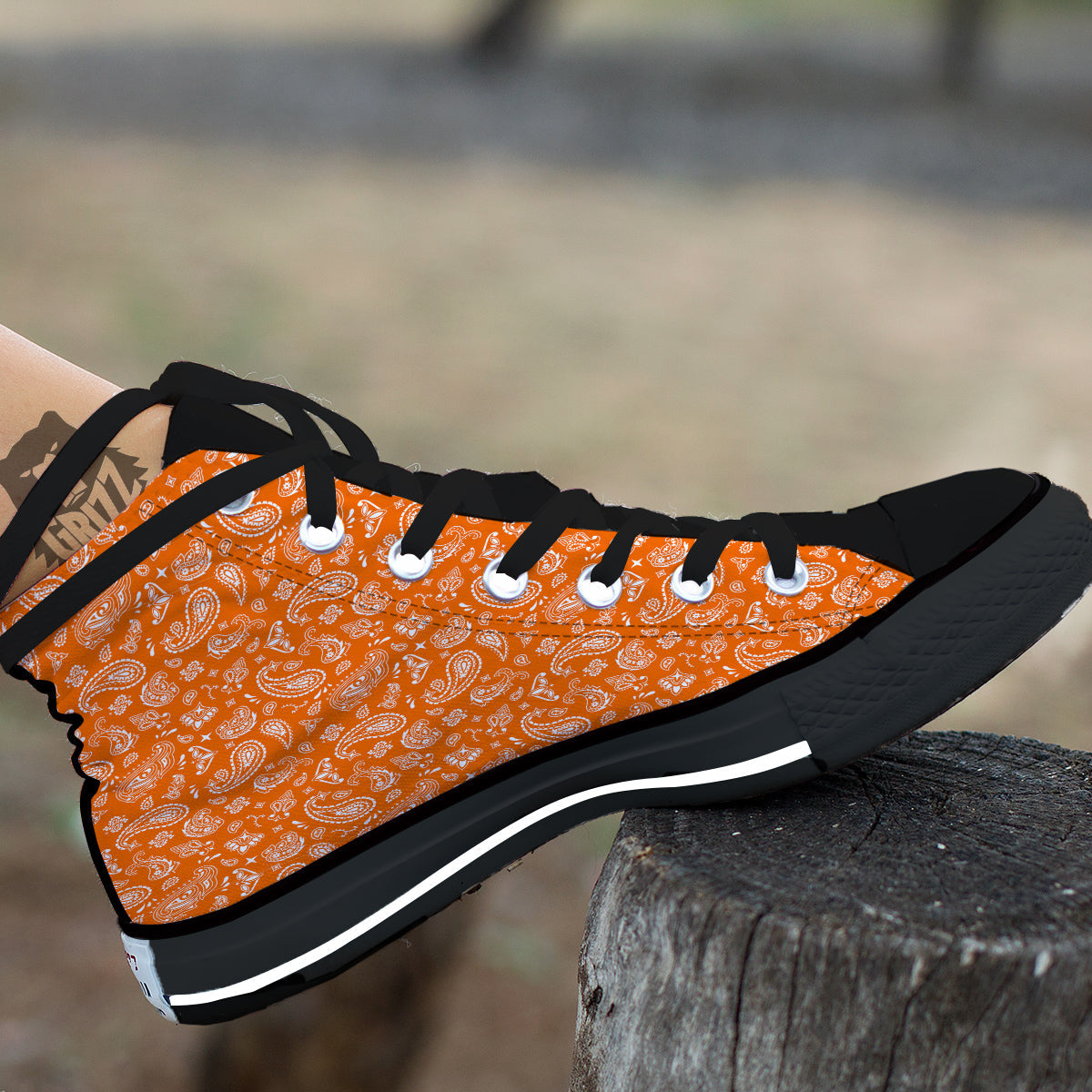 Orange Paisley Bandana Print Black High Top Shoes-grizzshop