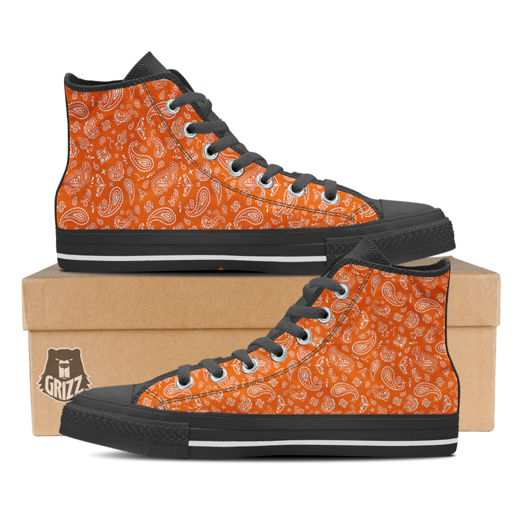 Orange Paisley Bandana Print Black High Top Shoes-grizzshop