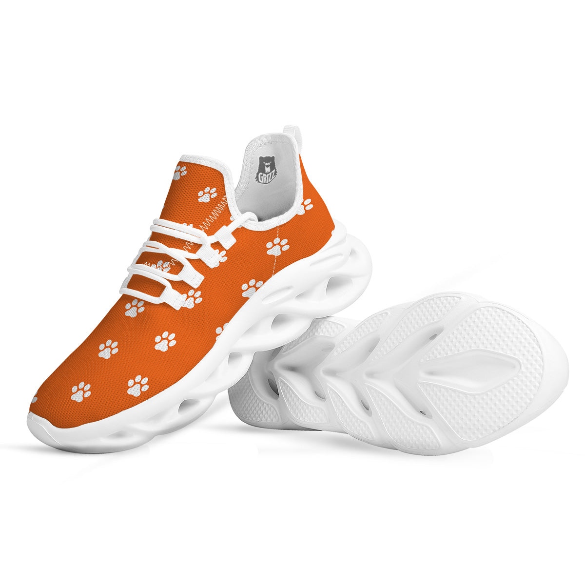 Orange Paw Print White Running Shoes-grizzshop
