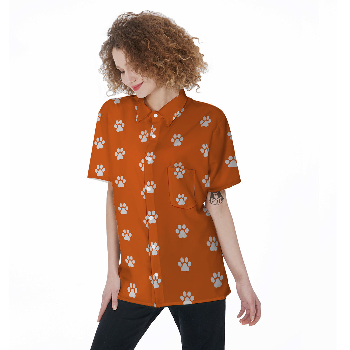 Orange Paw Print Women's Short Sleeve Shirts-grizzshop