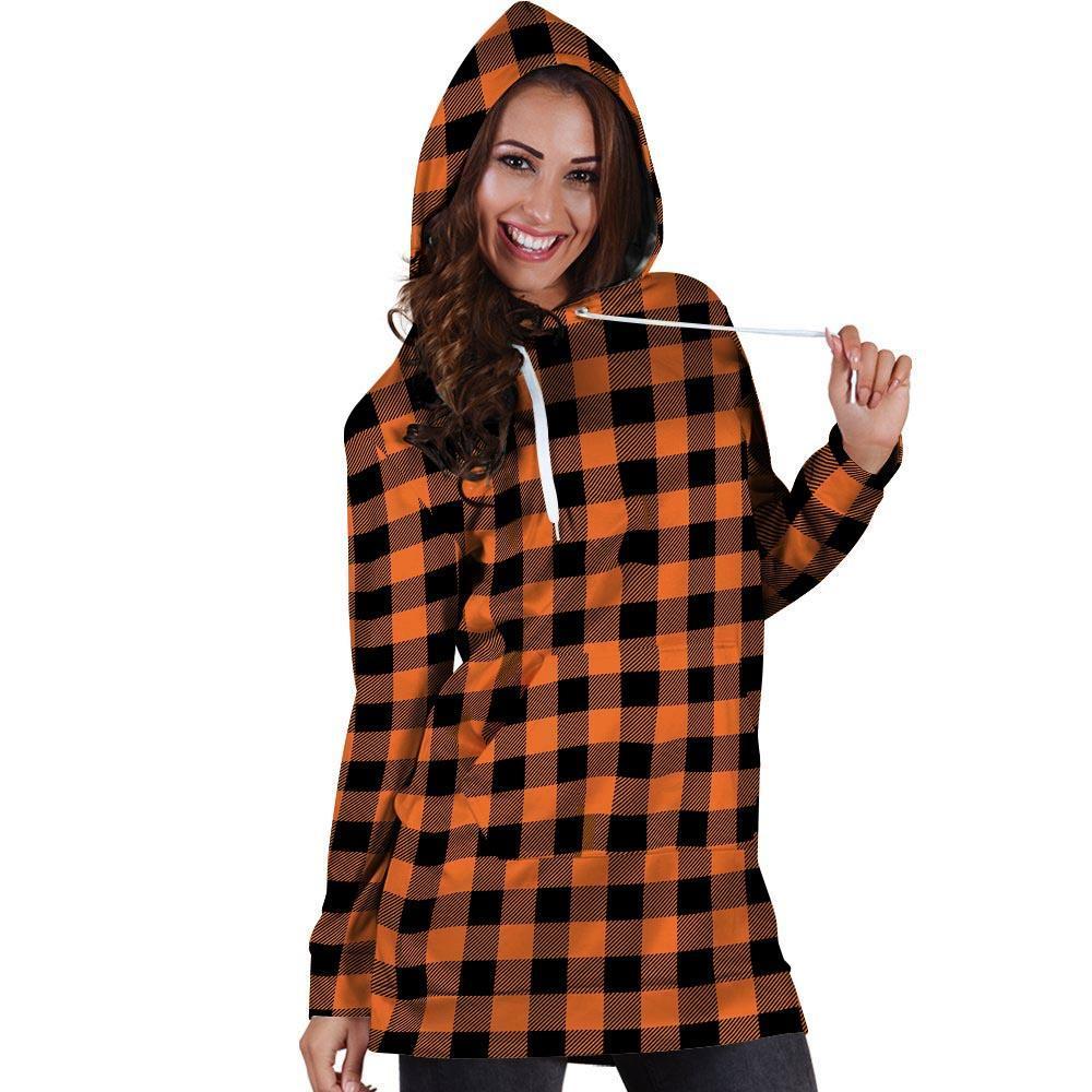 Orange Plaid Hoodie Dress-grizzshop