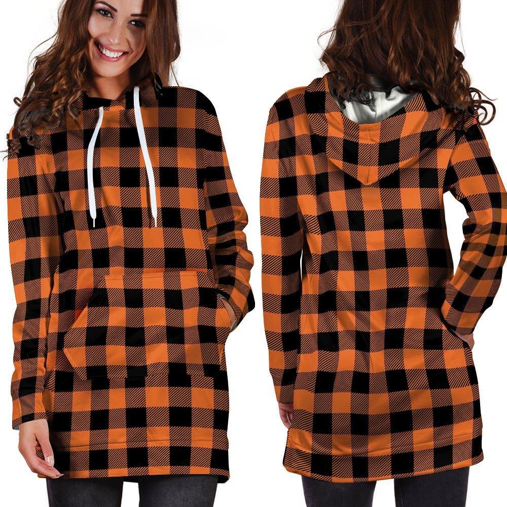 Orange Plaid Hoodie Dress-grizzshop