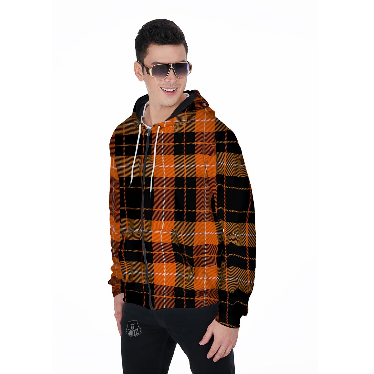Orange Plaid Tartan Men's Zip Up Hoodie-grizzshop