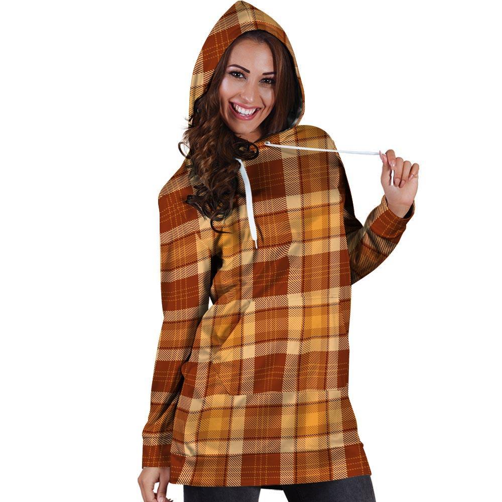 Orange Plaid Tartan Print Hoodie Dress-grizzshop