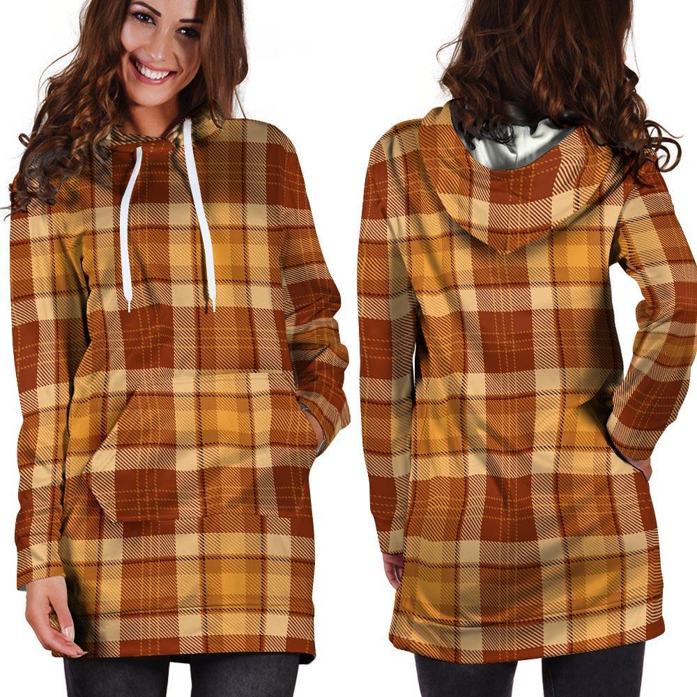 Orange Plaid Tartan Print Hoodie Dress-grizzshop